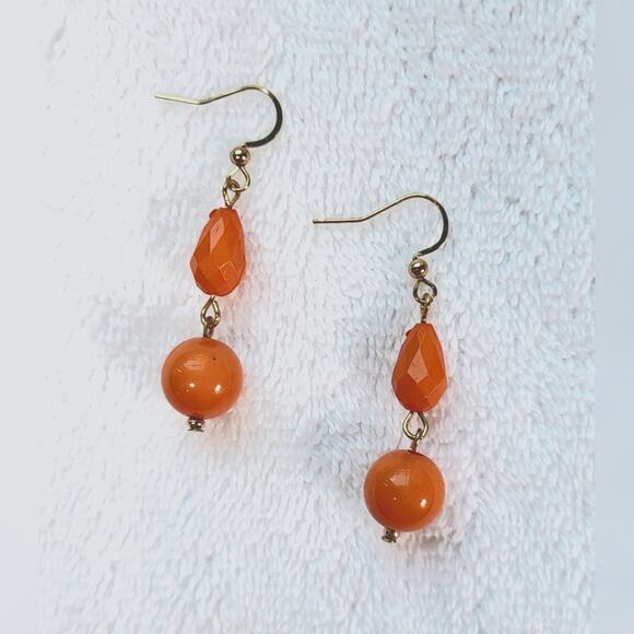 Gold Tone Orange Dangle Earrings - Lightweight Beaded - Picture 4 of 8